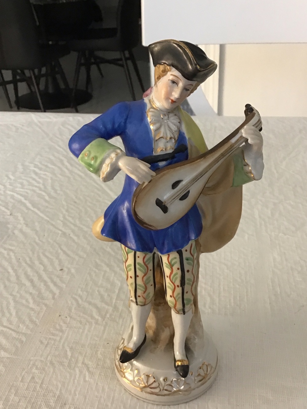 Vintage Porcelain Musician Figurine in Blue and Cream playing mandolin #143